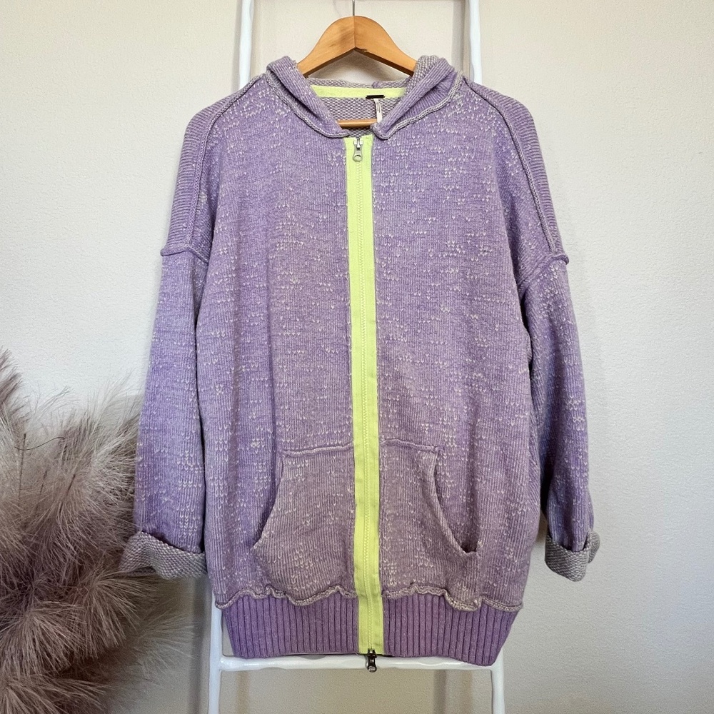 FREE PEOPLE In Bloom  Hoodie Size S Sweater Full Zip Knit Lilac Oversized Jacket